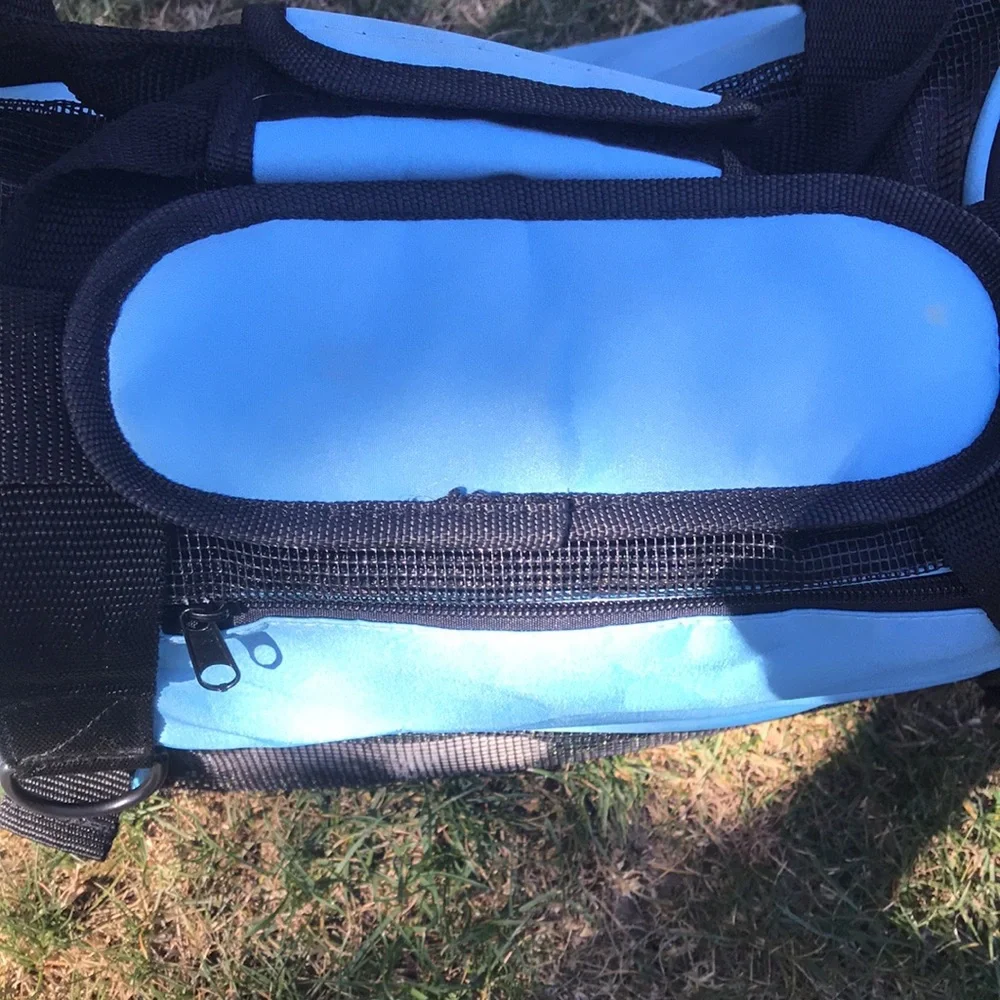 - Pet Carrier with shoulder strap light blue and black well vented used 1x